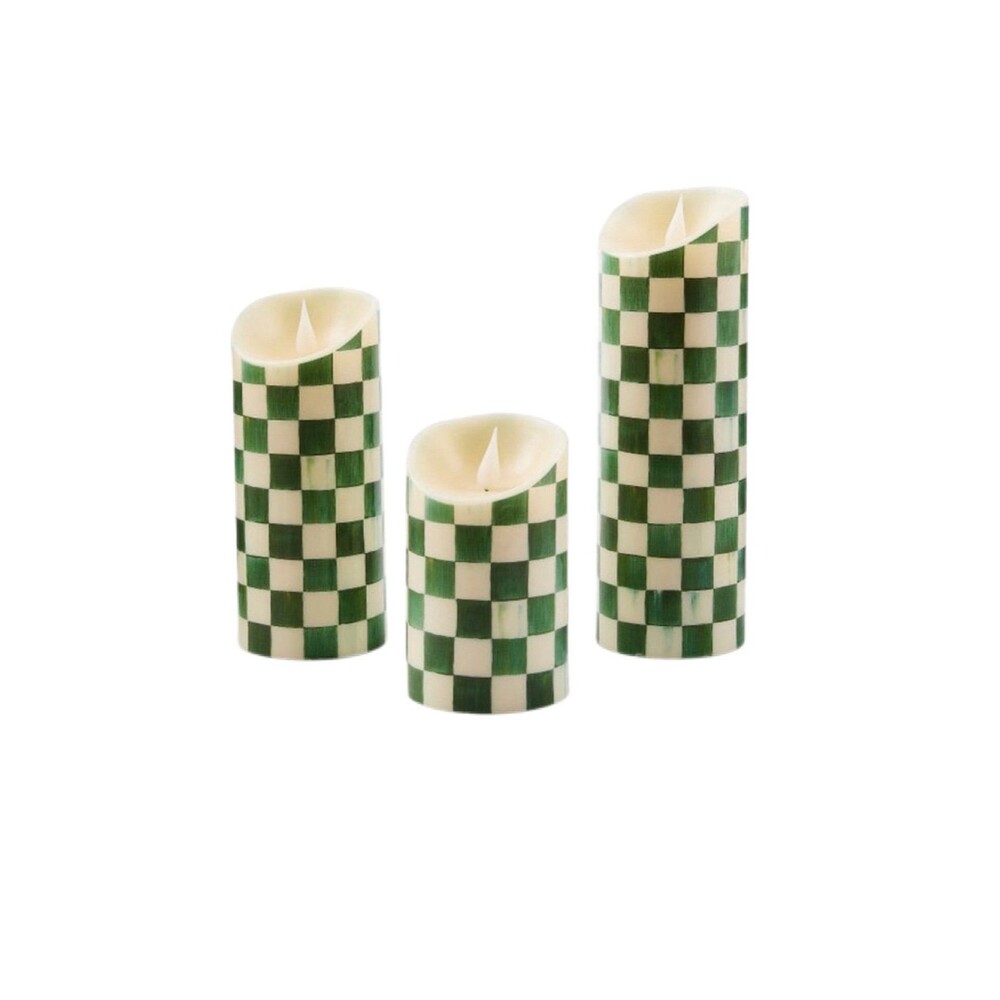 MacKenzie-Childs Emerald Flameless Pillar  Candles, Set of 3 New